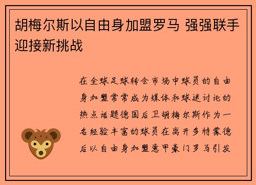胡梅尔斯以自由身加盟罗马 强强联手迎接新挑战