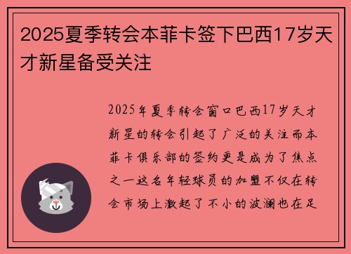 2025夏季转会本菲卡签下巴西17岁天才新星备受关注