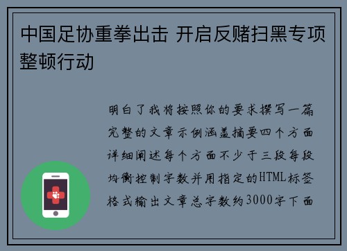 中国足协重拳出击 开启反赌扫黑专项整顿行动