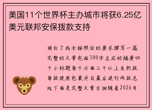 美国11个世界杯主办城市将获6.25亿美元联邦安保拨款支持