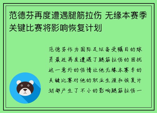 范德芬再度遭遇腿筋拉伤 无缘本赛季关键比赛将影响恢复计划