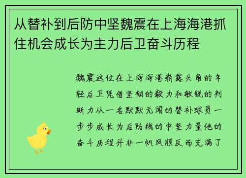 从替补到后防中坚魏震在上海海港抓住机会成长为主力后卫奋斗历程
