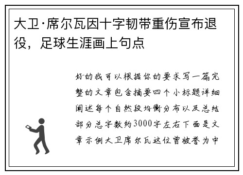 大卫·席尔瓦因十字韧带重伤宣布退役，足球生涯画上句点